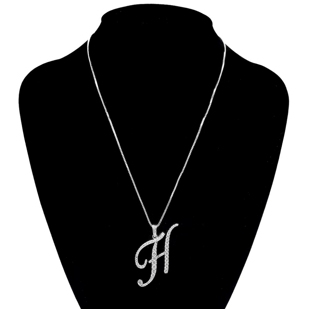 Silver H CZ Monogram Pendant Chain Necklace Rhinestone Crystal Initial Charm - Picture 3 of 5